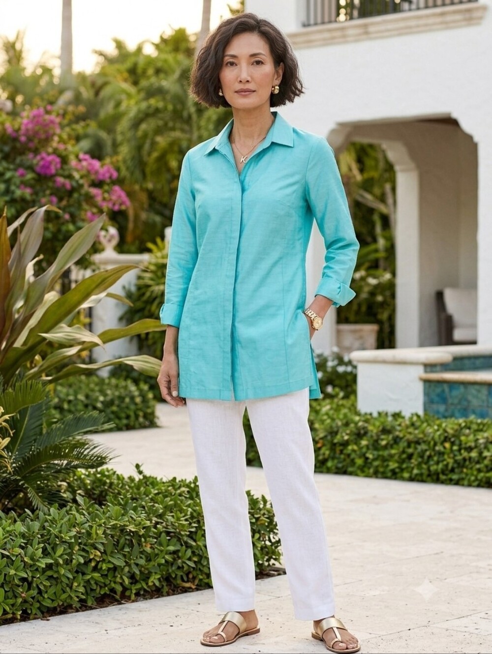Charlotte Kellogg Palm Beach 100% Raw Silk Tunic Blouse Shirt Blue Hidden Placke